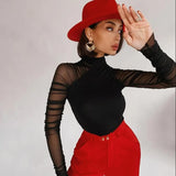 Toloer High Round Collar Mesh Stitching Long Sleeve Slim Solid Color Joined Female Support Board