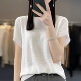 Toloer Line Of Clothing Worsted Short Sleeve Female Round Collar Loose Thin Bat Sleeve Vest Shirt Hollow Out Outside The Hair-Outfit