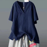 Summer New Solid Color Buffet Short-Sleeved V-Neck T-Shirt Women Irregular Large Cotton Loose Leisure