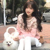 Pink Jacquard Bow Knitted Cardigan-Outfit