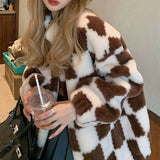 Women Faux Fur Teddy Basic Jackets Plaid Checkerboard Outerwear Coats Female Overcoat Winter Coat Womens Fashion