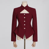 Toloer Sexy Wind Suit Jacket Female Autumn 2024 The New Standing Collar Hollow High Sense Long Sleeve Women's Small Suit-Outfit