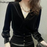 Blouses for Women V-neck Slim Fit Black Velvet Shirts 2023 Blusas Mujer De Moda Fashion Temperament Korean Blouse