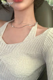 Women Cropped Sweater Korean V Neck Y2K Tops Pullover Halter Off Shoulder Sweaters Long Sleeve Fake Two Piece