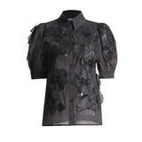 Toloer Temperament Elegant Wind Shirt 2024 Autumn New Nail Bead Three-Dimensional Flower Perspective Shirt Short-Sleeved Jacket Female-Outfit