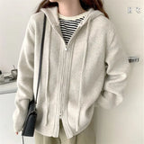 Version Autumn Winter New Casual Hoodie Pure Color Knit Cardigan Female Loose Lazy Wind Double Zipper Sweater Coat Female-Outfit