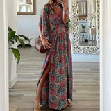 Toloer 2023 New Fashion V-Neck Short-Sleeved Loose Bohemian Side Slit Dress Print Dress-Outfit