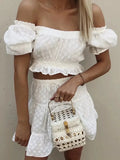 2025 New Fashion Leisure Holiday Bubble Sleeve T-Shirt + White Embroidery Shorts Set For