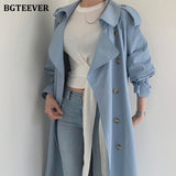 Autumn Winter Elegant Double Breasted Women Long Trench Coats Long Sleeve Loose Belted Split Female Blue