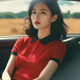 Toloer Splicing Bump Color Collar Knitting Shoulder Short-Sleeved T-Shirt Vertical Texture Thin Summer Women's Korean