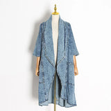 Toloer Personality Versatile Windbreaker 2024 Autumn New Fashion Wind Seven Minute Sleeve Long Blue Denim Coat Woman-Outfit