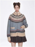 Blue Printed Stand Collar Knitted Cardigan-Outfit