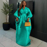 New Loose V-Neck Bat Long-Sleeved Dress 褶皱收 Waist Big Swing Fashion Party Dress