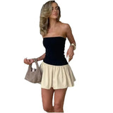 Toloer Women's Wear 2024 Summer New Fashion One-Line Collar Contrast Color Stitching Pleated Slim Dress Women's Dress-Outfit