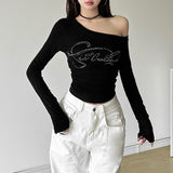 2025 New Women's Clothing Sexy Hot Girl Slanted Shoulder Hot Diamond Body Slim Thin Irregular Top