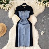 Net Red New Niche Round Collar Short Sleeve Splicing Denim Dress Women Senior Feel Waist-Wear Two Long