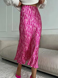 Pink Printed Satin Midi Straight Skirt-Outfit
