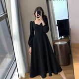 Toloer Style Little Black Dress Female 2024 Summer New Retro V-Neck Show Thin Knee Black Dress Dress-Outfit