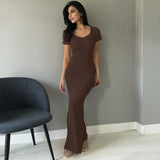 Toloer Summer New Women's Solid Color Temperament U Collar Short Sleeve Slim Long Dress