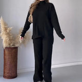 2025 New Fashion Pure Color Round-Neck Casual Knitted Wide Leg Trousers Two