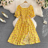 Summer New French Soft Style Sweet American Collar Bubble Short Sleeves Waist Show Thin Forked A-Shaped Dress-Outfit