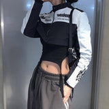 Toloer Cool Girl Motorcycle Wind Splicing Print Bump Color Jacket Women's New Standing Collar Zipper Cardigan Short Coat-Outfit