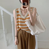 Summer Women Hollow Out Camis Korean Fashion Striped Knitted Tanks Casual Female All Match Sleeveless Tops New-Outfit