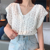 Hollow Knitted Vest Top Summer New Sleeveless Loose Retro Lotus Lace Vest Women