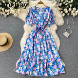 2022 Vintage Floral Print V Neck Bandage Dress Summer Midi Long Party Women High Waist Vestido De Festa Elegant