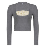 Korean Cute Y2K Retro Cotton Tops Lace Patchwork Buttons Kawaii Tshirts Autumn Square Collar Chic Casual