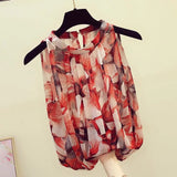 Halter Floral blouse women 2022 summer Korean Sexy fashion elegant loose sleeveless halter retro chiffon shirt