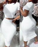 Toloer Round Neck Short Sleeve Show Waist Sexy T-Shirt Wrapped Buttock Skirt