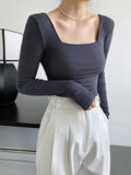 Long Sleeve Square Neck Fitted Tops Gray / Khaki / Black / White Spring Low Neck Women