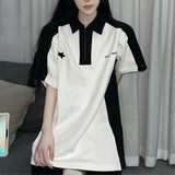 Toloer Short Sleeve T-Shirt Women's Summer Color Splicing Lapel Logo Joker Top Half Sleeve Casual T-Shirt Ins-Outfit