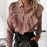 Print Ruffle Blouse Shirt Autumn Winter Long Sleeve Elegant Office Lady V-Neck Button Tops Blusa Women Shirts Casual