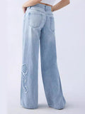 New Embroidered Side Brim Butterfly Jeans Women's High Street Design Spicy Girls' Loose Straight Pants-Outfit