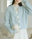 Blue Knitted Rose Buttoned Cardigan-Outfit