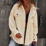 Simplee Office Lady Lapel Sheepskin Coat Jackets Winter Long Sleeve Outwear Coats Women Casual Fashion Ladies Winter