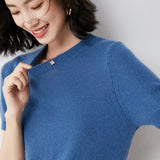 Toloer Female Round Collar Loose T-Shirt Inside Build Sweater Spring Autumn Base Outside Wear Short Sleeve Hair-Outfit
