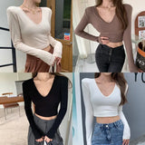 Toloer Women's Short Slim Long Sleeve With Bottom Shirt Autumn 2024 New Sexy V-Neck Collarbone Student Top