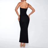 Black One Shoulder Slit Design Maxi Dress-Outfit