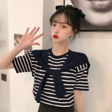 Red Fashion Short-Sleeved Knitted Shirt 2025 New Ocean Shawl Fake Two T-Shirt Striped