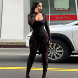 Toloer Women's Autumn / Winter New U Collar Long Sleeve Sexy Lace Elastic Jumpsuit Female Slim-Outfit