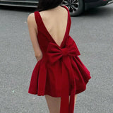Red Velvet Open Back Bow Mini Dress-Outfit