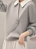 Toloer Gray Fake Two Knitted Sweater Women's Autumn And Winter Korean Atmosphere Relaxed Leisure Polo Collar