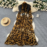 Fashionable Dress Women's French Nail Polish Brighten Embroidery V Collar Long Sleeve Leopard Print Elegant Long