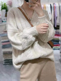 2021 soft and thick cashmere sweater women autumn and Winter Bubble Sleeve v neck loose lazy wind wool knitted sweater