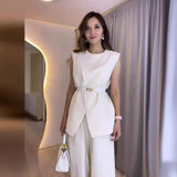 Summer New Solid Color Round Collar Sleeveless Top High Waist Broad Leg Pants Two Sets Of