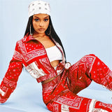 Bandana Print Two Piece Set Causal Paisley Print Long Sleeve Zippers Short Jacket Tops Jogger Pants Suit Outfit Street