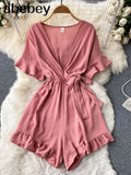 Summer New Korean Rompers Women Flared Sleeve Solid Ruffle Wide Leg Short Jumpsuits Casual Vacation Beach